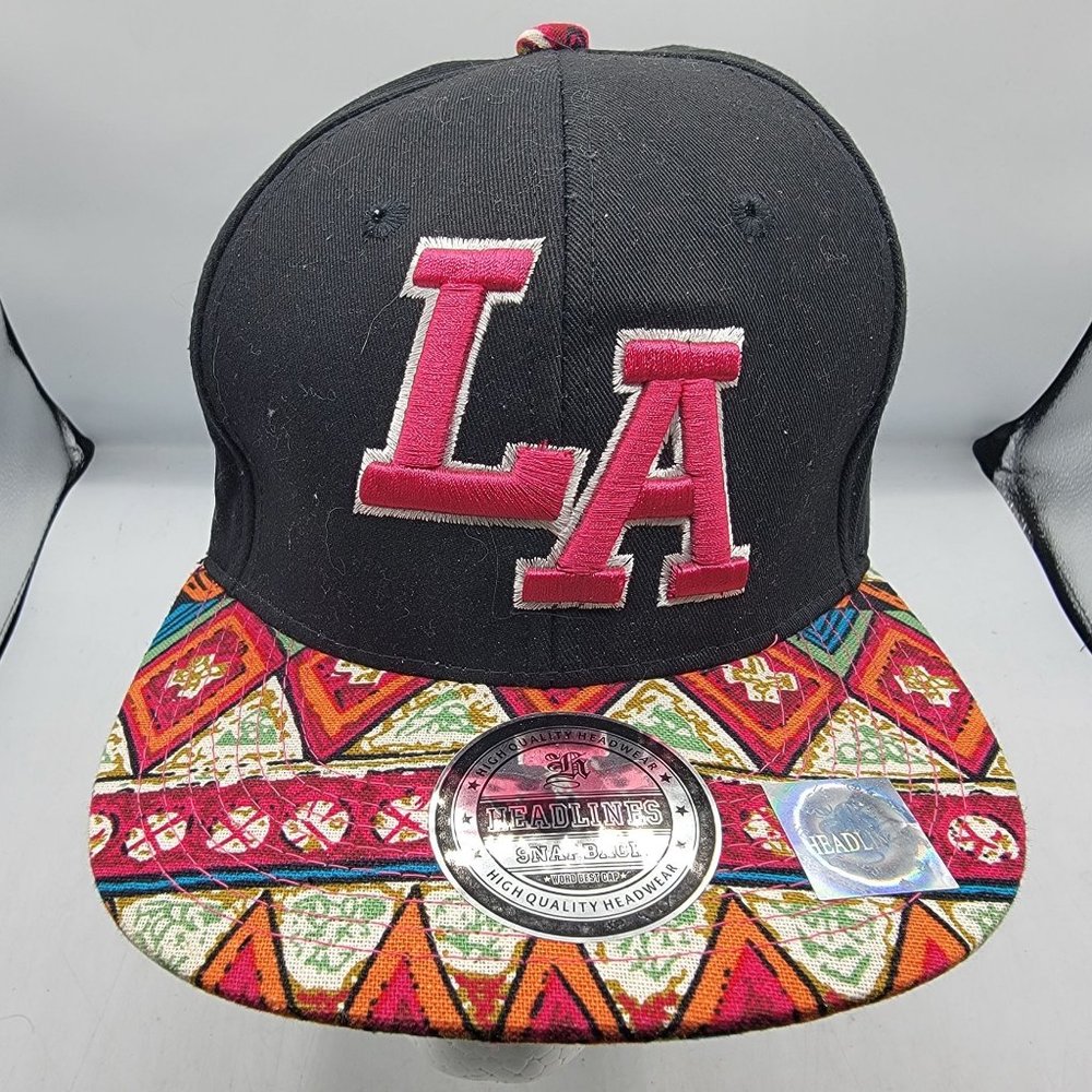 Headlines LA Los Angeles Aztec Print Hat Black Trucker Cap 100% Cotton